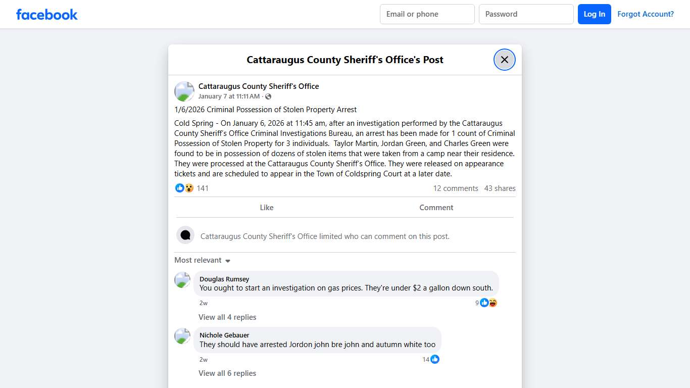 1/6/2026 Criminal... - Cattaraugus County Sheriff's Office Facebook